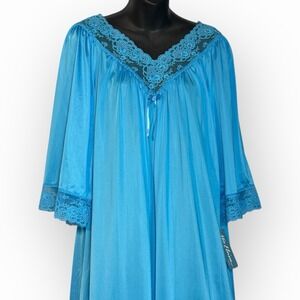 NWT Miss Elaine Nightgown VTG Sm Aqua Blue Dreamy Romantic 3/4 Sleeve Lace Trad